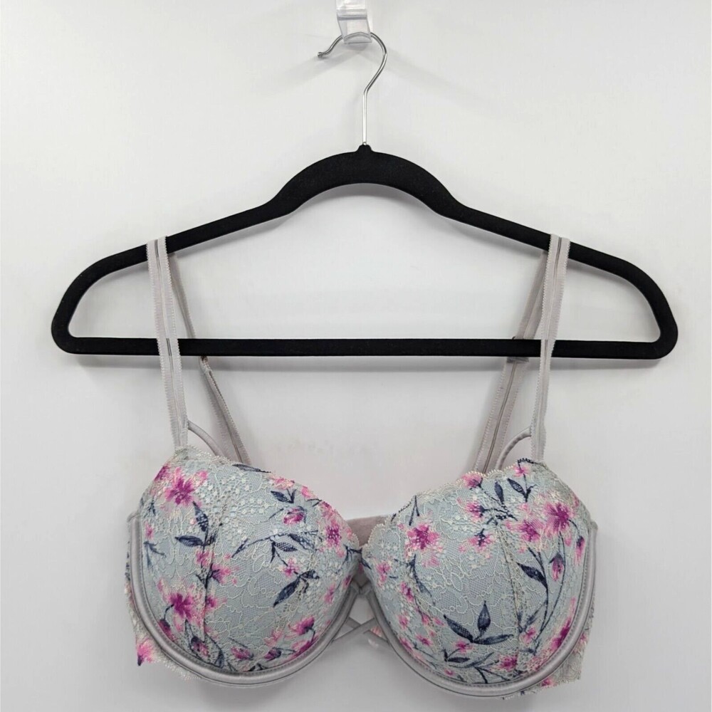 Victoria's Secret PINK Bra Women's 34DD Blue-Gray Pink Floral Date Push Up